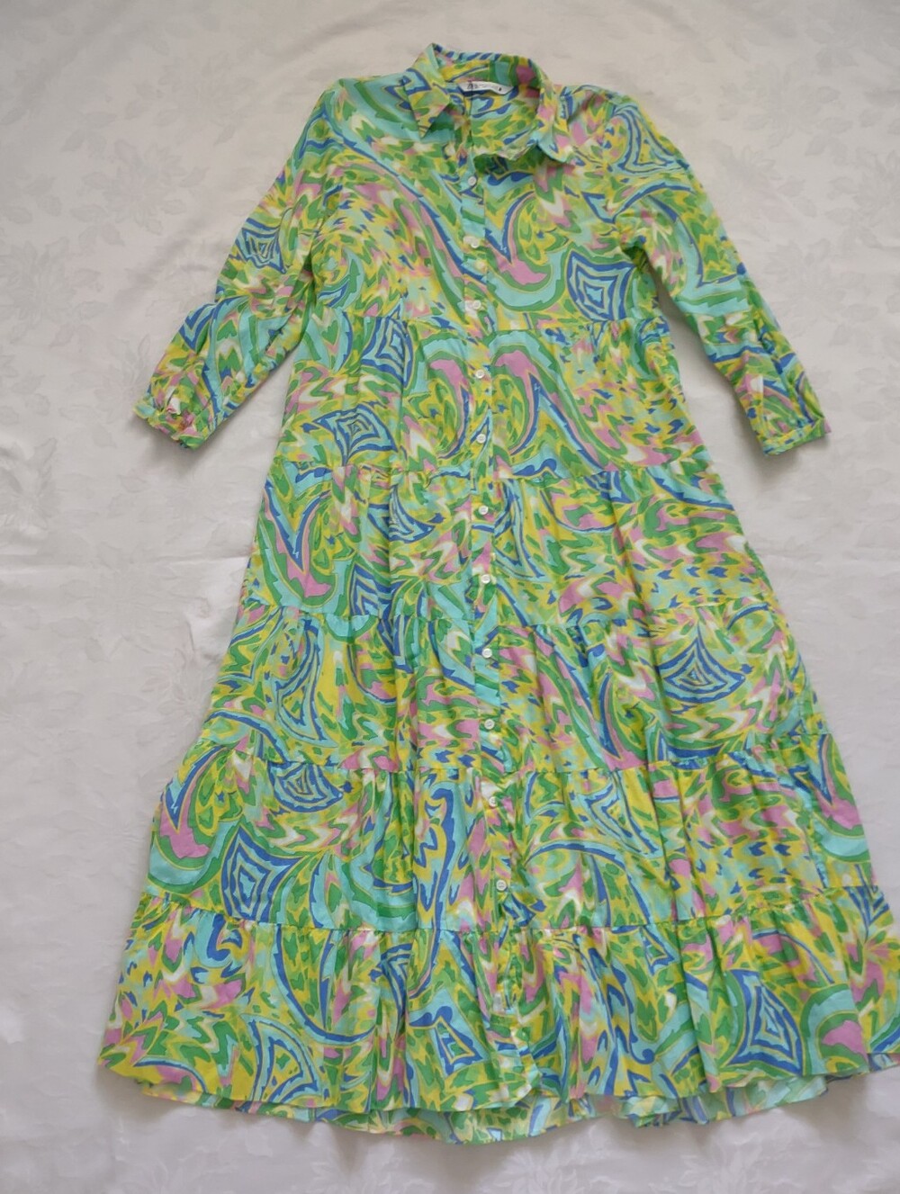 Zara Tiered Shirt Dress Maxi Retro Psychedelic Print Bright Colors Cotton